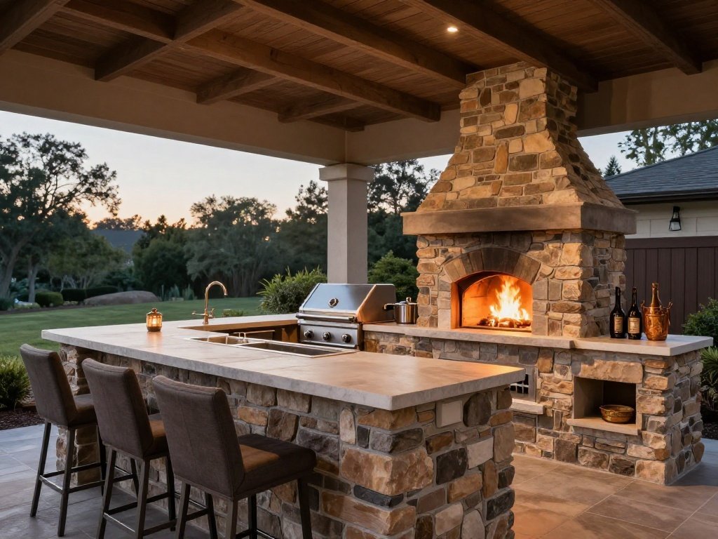 Outdoor Kitchen and Fireplace Combination