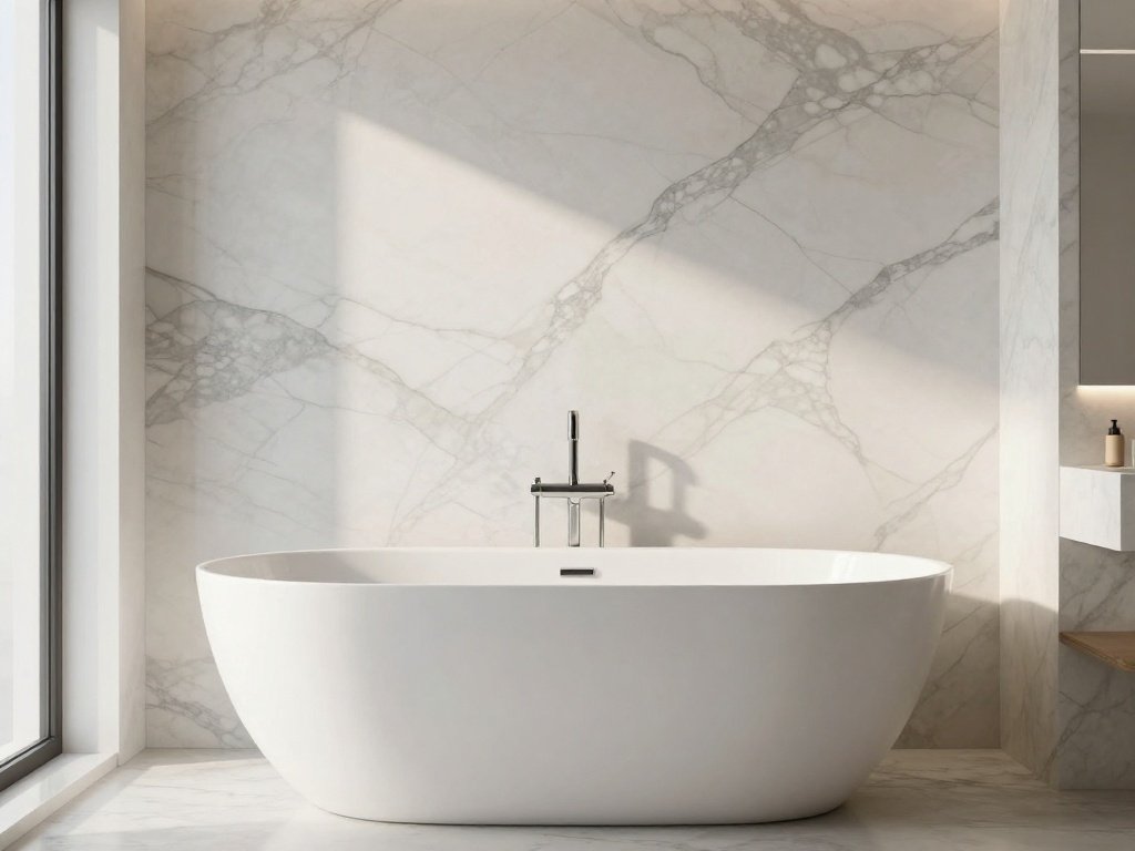 Tub Surrounded by a Marble Backsplash