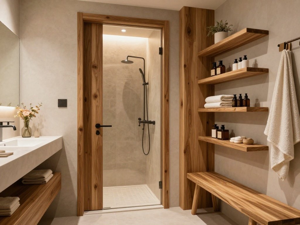 Doorless Walk In Shower With Wood Accents