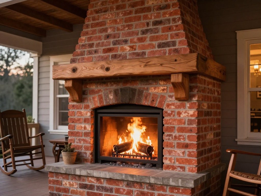 Brick Fireplace With a Cedar Mantel