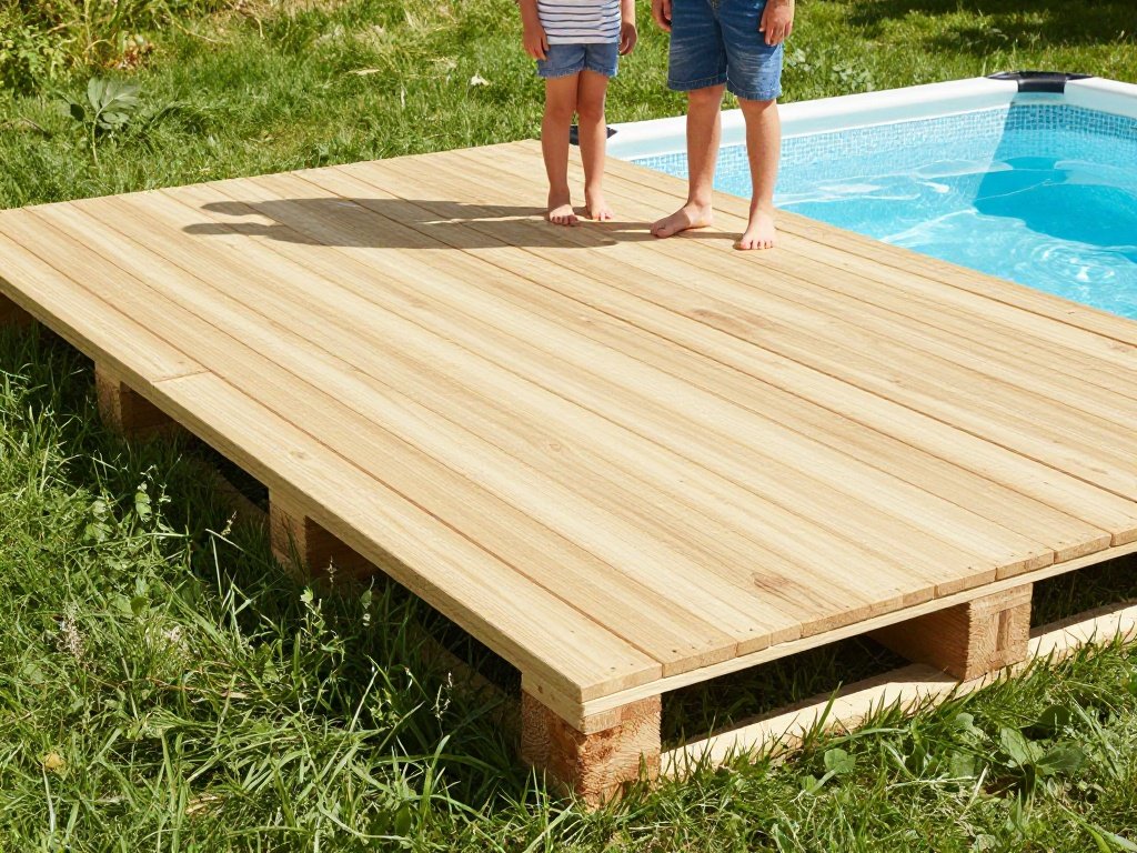A clean flat wooden pallet platform deck placed directly beside a small above ground pool, freshly sanded and sealed natural wood surface, barefoot family standing on deck, bright sunny afternoon, green grass surrounding, photorealistic outdoor photography style, no text, no watermark