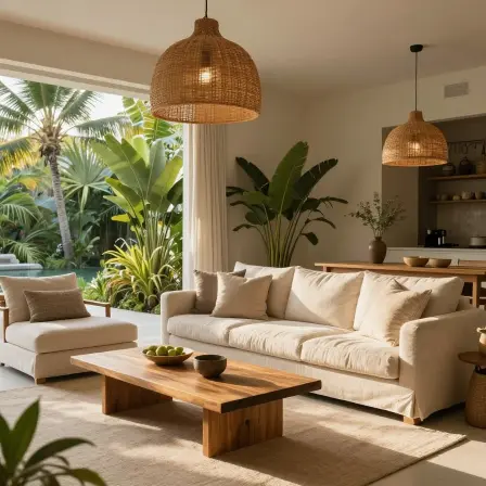 Warm Bali-inspired living room with tropical décor.