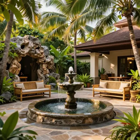 Water feature in a tropical Bali-inspired garden.