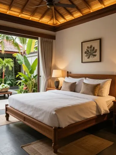 Luxury Balinese bedroom with warm décor.