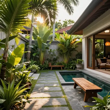 Balinese courtyard with tropical landscaping and stone pathways.