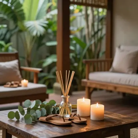 Relaxing Balinese home with candles and natural scents.