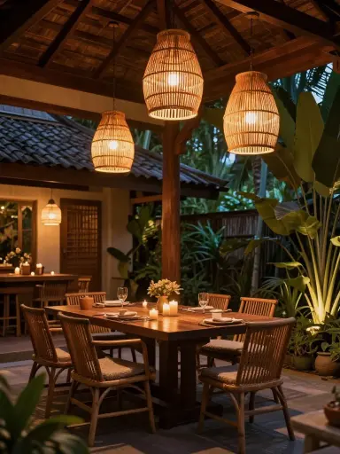 Warm lighting in Balinese interior.