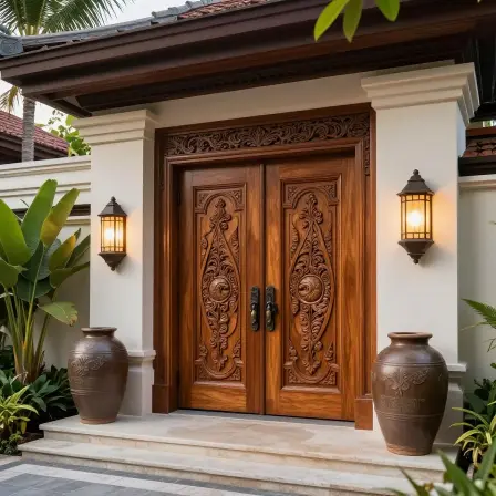 Luxury Bali-style home entrance with wooden doors.