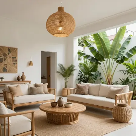 Minimalist Balinese living room with handcrafted décor.