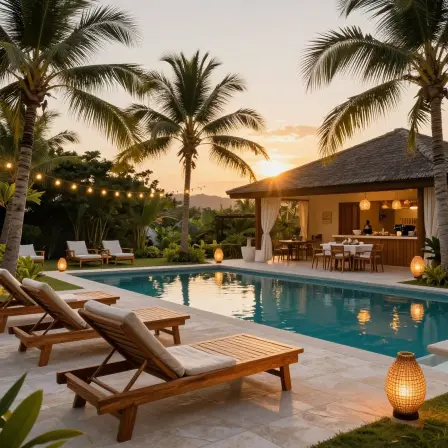 Resort-style tropical backyard inspired by Bali.