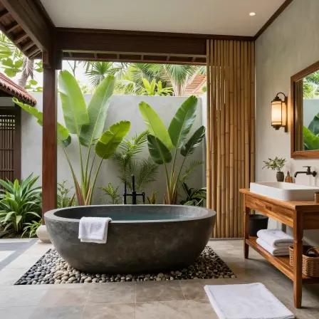 Luxury Balinese spa bathroom with natural stone and wood.