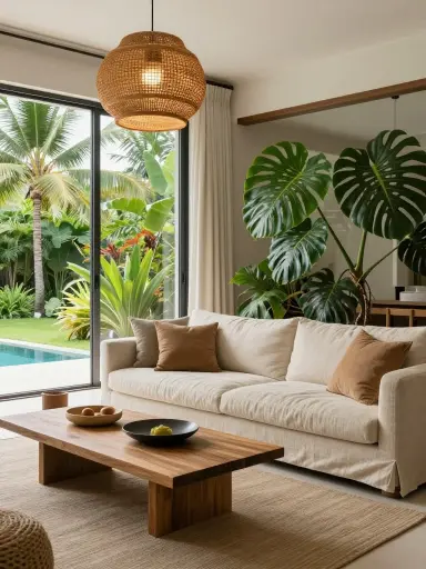 Modern tropical Balinese living room.