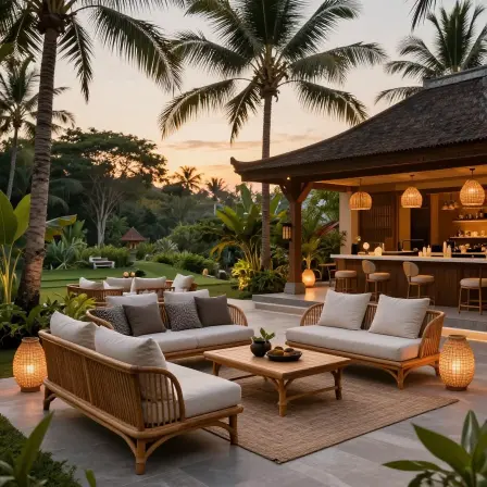 Ubud-inspired outdoor lounge with tropical furniture.