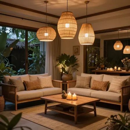 Warm ambient lighting in a Balinese home.