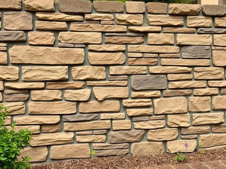
A cinder block wall finished with textured stucco coating and earth-tone staining to perfectly mimic natural stacked stone masonry, realistic stone appearance with varied colors in browns and grays, rustic garden setting, close-up showing authentic stone-like texture and detail