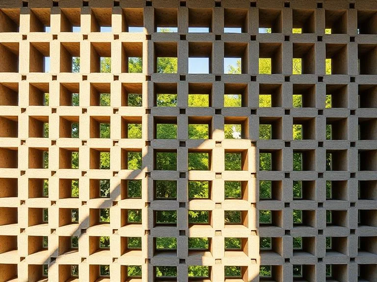 A decorative cinder block screen wall featuring an intricate checkerboard pattern with alternating open and closed cavities creating geometric shadows, artistic modern design, afternoon sunlight streaming through openings, architectural detail emphasis, contemporary outdoor space