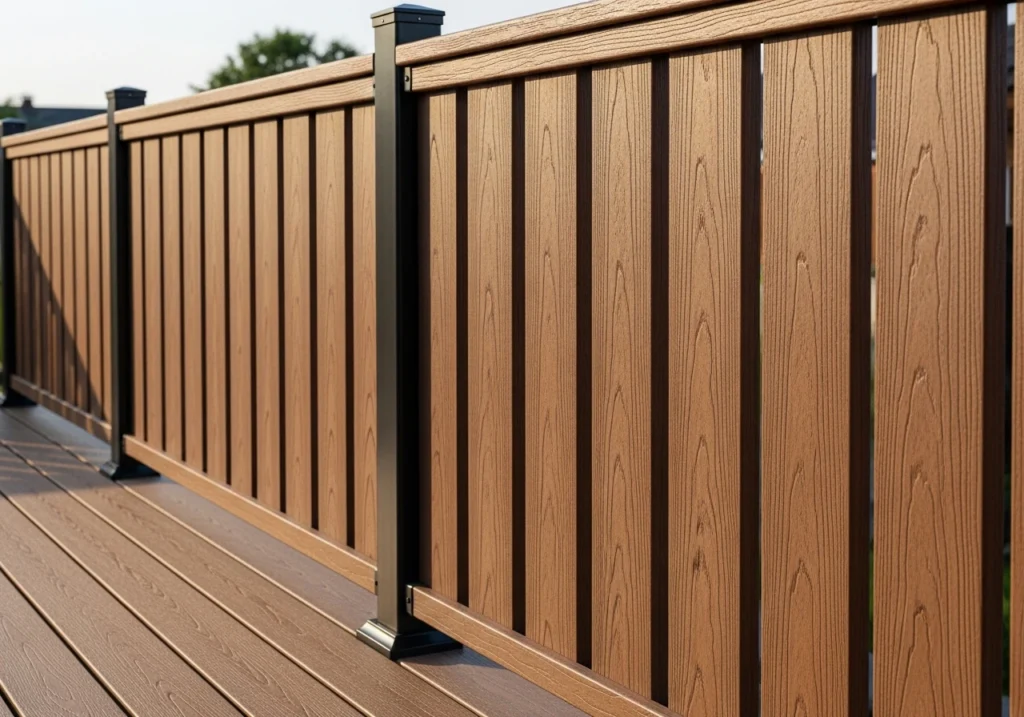 Composite Board Privacy Fencing Wood-grain textured composite boards installed