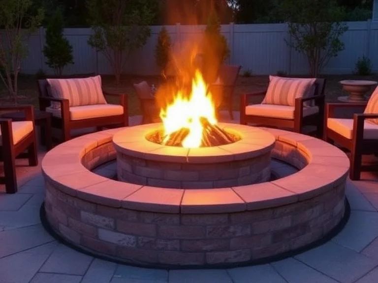 A circular cinder block fire pit surround with flames burning in the center, comfortable seating arrangement around the perimeter, evening twilight setting with glowing fire creating warm ambiance, flagstone cap on top of blocks, cozy outdoor gathering space