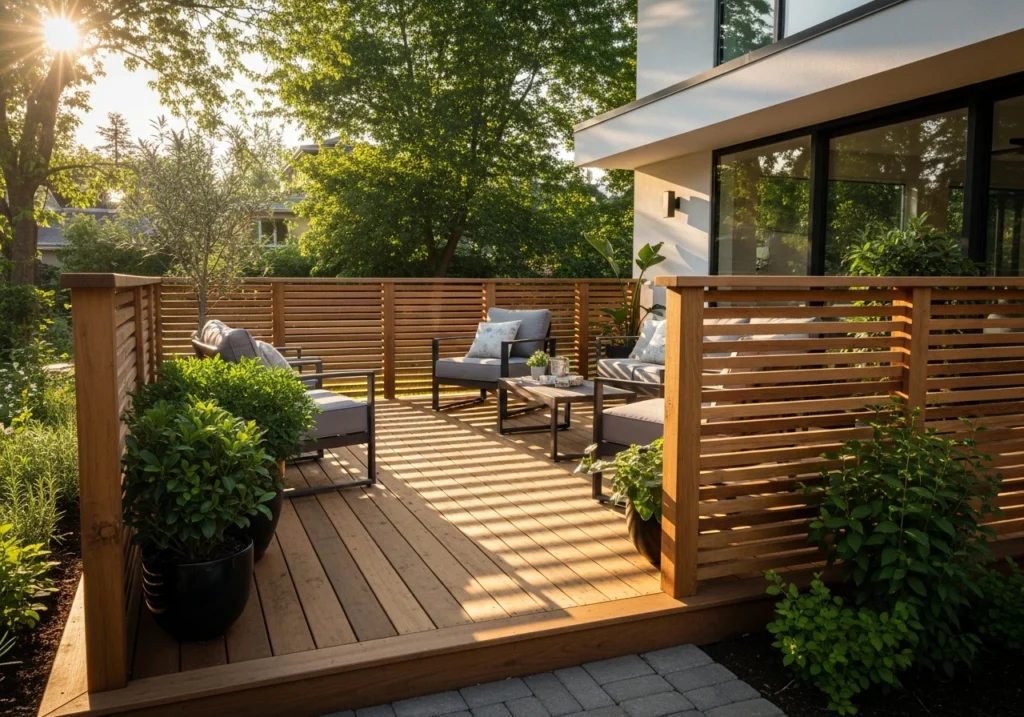 Modern outdoor deck with horizontal wood slat privacy railing and comfortable seating in sunlight