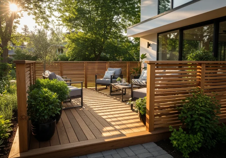 Modern outdoor deck with horizontal wood slat privacy railing and comfortable seating in sunlight