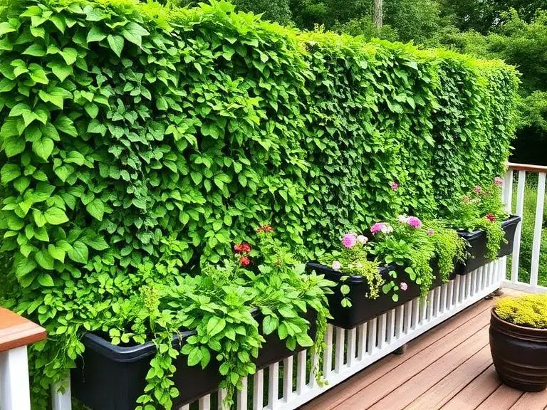 Living Wall Privacy Railings Vertical garden living wall attached to deck railing, lush green climbing plants 