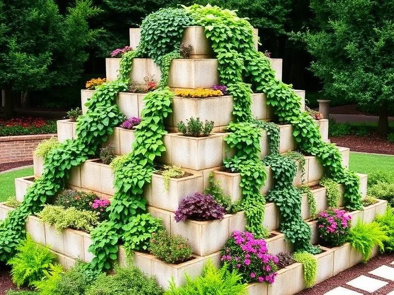 
A dramatic stepped pyramid structure made from cinder blocks with plants cascading down multiple tiers like a waterfall, trailing ivy and colorful flowers flowing from upper to lower levels, sculptural garden focal point, side angle showing the cascading effect, abundant plantings