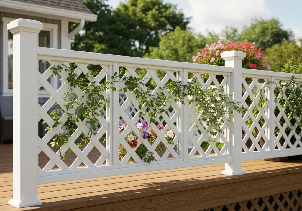 Traditional white lattice railing panels with diamond pattern,