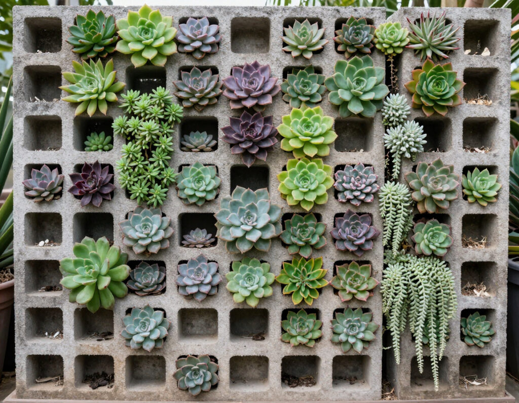 A vertical cinder block wall filled with diverse succulent plants in every cavity opening, featuring echeveria, sedum, and trailing varieties in various shades of green, purple, and silver, sunlight casting gentle shadows, botanical garden aesthetic, front-facing composition