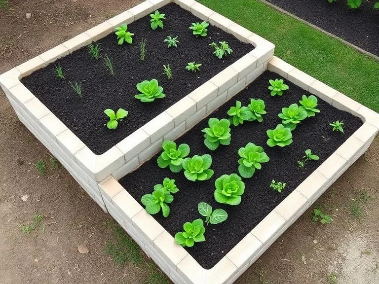 
A neat raised garden bed with two-level cinder block border walls containing rich dark soil and organized vegetable plantings, orderly rows of lettuce and herbs, tidy vegetable garden aesthetic, overhead angled view showing clean edges and organized layout