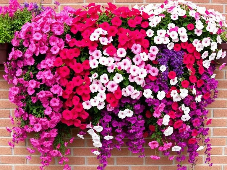 A cinder block wall overflowing with colorful cascading flowers including petunias, trailing lobelia, and sweet potato vine in vibrant pinks, purples, and whites, flowers spilling dramatically over block edges, peak summer bloom, abundant and lush floral display