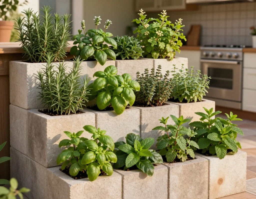 
A tiered cinder block herb garden wall with fresh herbs growing abundantly from each level, including rosemary, basil, thyme, and mint with visible green foliage, rustic outdoor kitchen setting, warm afternoon light, close enough to see herb details and texture
