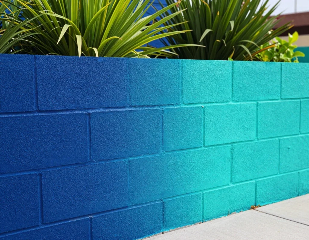 A stunning cinder block garden wall painted in bold gradient colors transitioning from deep navy blue to bright turquoise, positioned against lush green garden backdrop, modern outdoor setting, close-up perspective showing texture and paint detail, natural sunlight highlighting the vibrant colors
