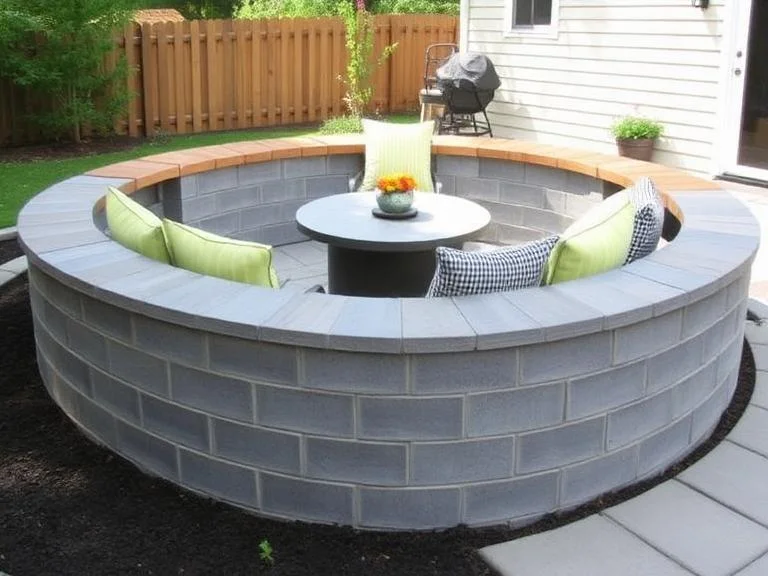 
A functional cinder block seating wall around a patio area with wooden plank caps for comfortable seating, outdoor cushions placed on top, garden party atmosphere, people-friendly height, natural wood tones contrasting with gray blocks, inviting outdoor living space