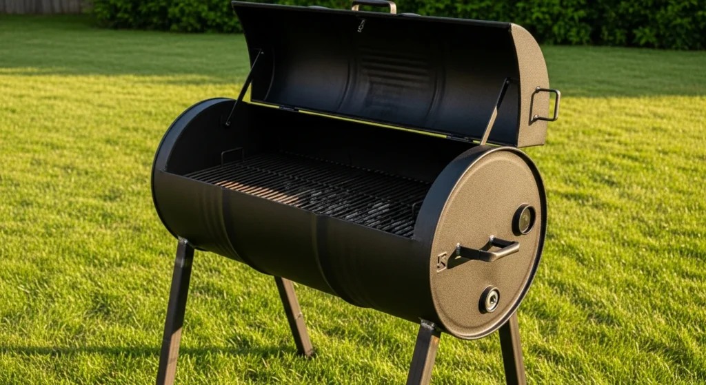 DIY barrel grill made from a 55-gallon steel drum with hinged lid and metal legs
