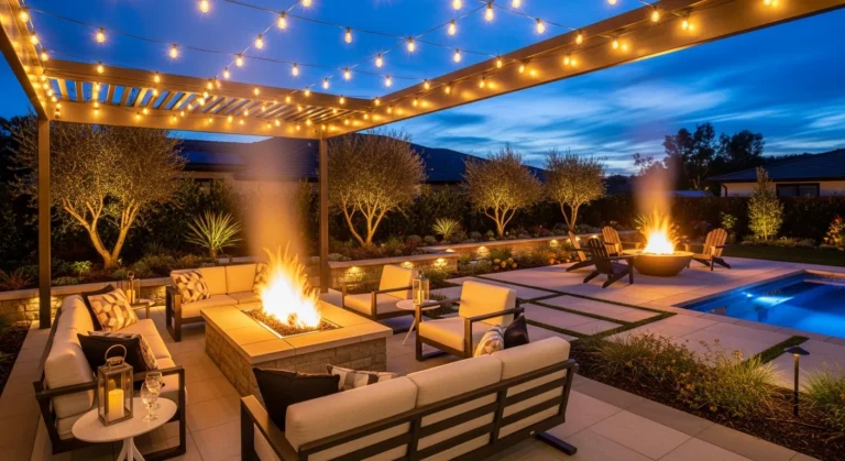 Creative DIY fire pit shelter designs in modern backyard with covered seating area and flames