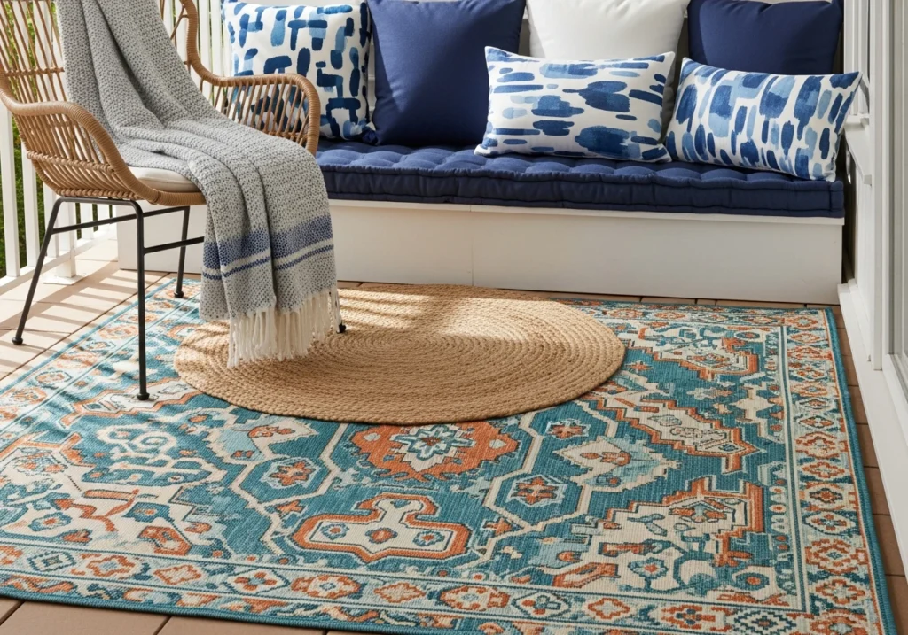 A close-up view of a small balcony floor featuring a colorful weather-resistant outdoor rug with geometric patterns, coordinating throw pillows and cushions on seating in blue and white tones
