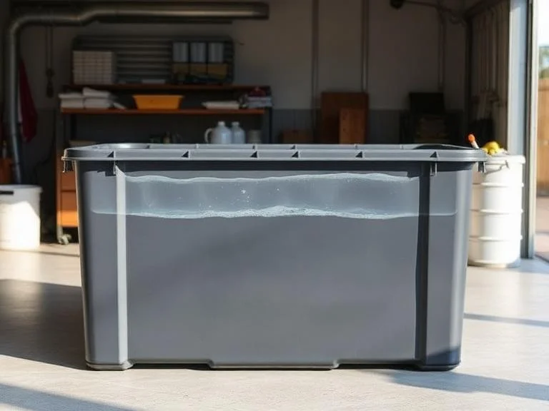 A large rectangular high-density polyethylene container in gray or black, filled with water.