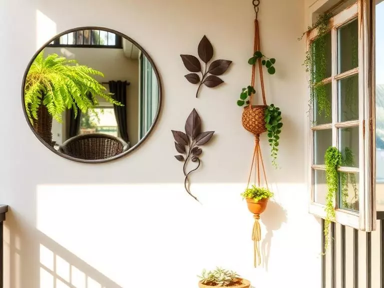 A small balcony wall featuring creative vertical decor including a large round outdoor mirror reflecting plants and light, metal wall
