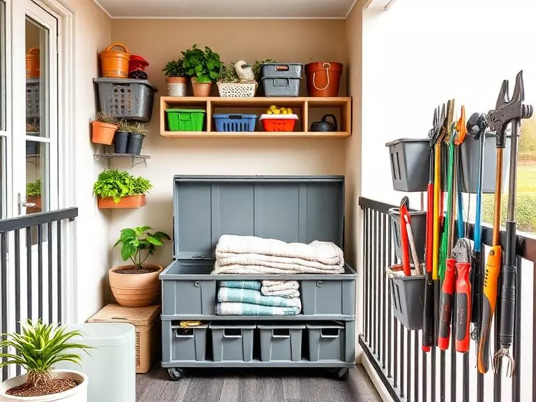A well-organized small balcony showcasing various storage solutions: wall-mounted shelves 