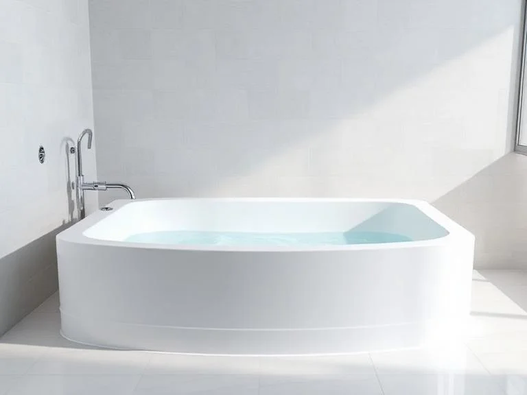 large white acrylic shower base installed as an indoor cold plunge, clean bathroom 