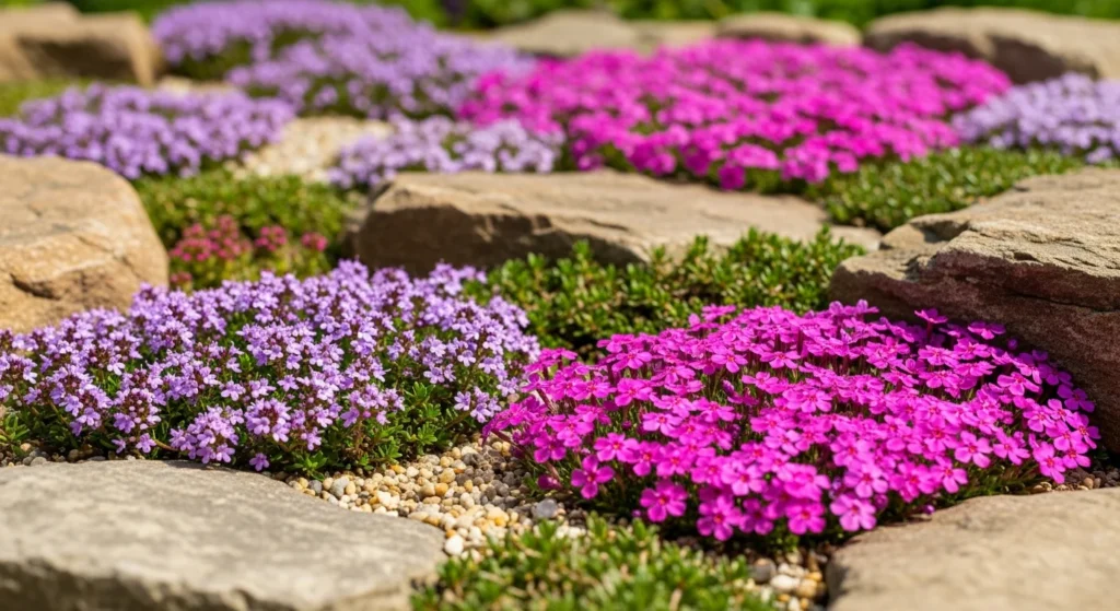 Miniature drifts of colorful alpine plants creating intricate mosaic between natural rocks with creeping thyme and small flowers