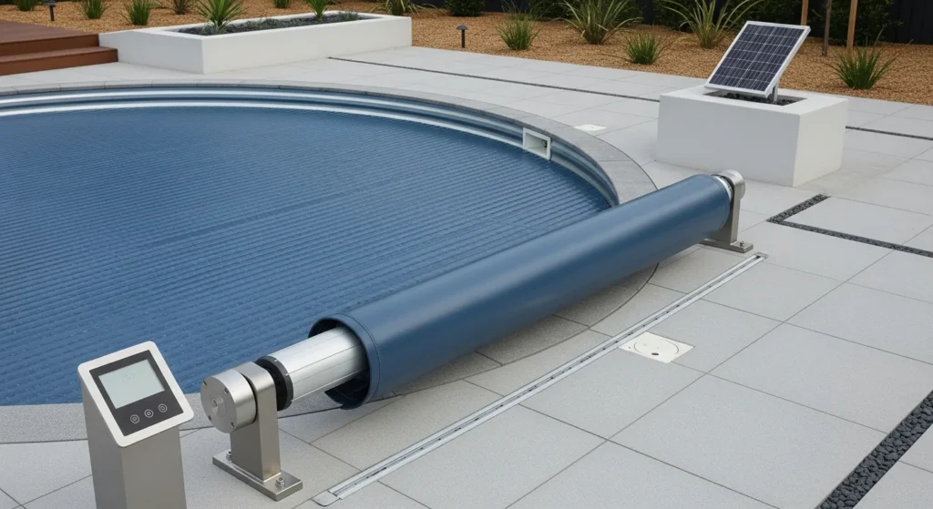 Motorized reel mechanism with automatic pool cover deploying across stock tank pool surface