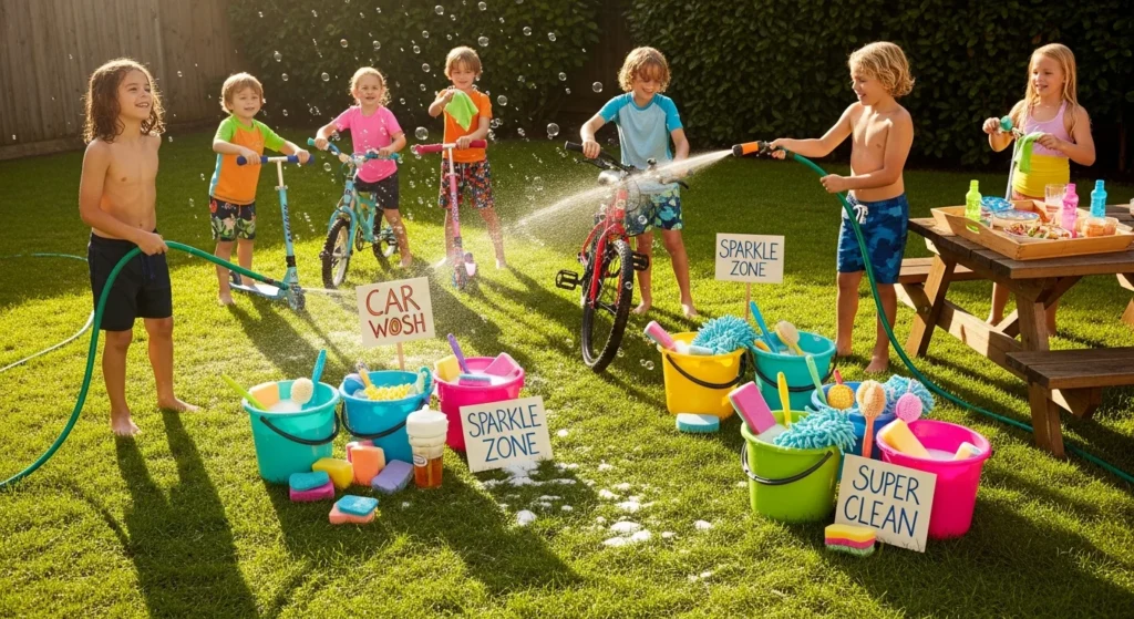 Children washing bikes and toys at a DIY car wash station with buckets and sponges