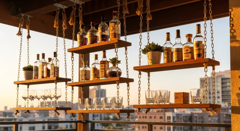 Suspended hanging bar shelves with rope supports displaying bottles and glasses on covered balcony