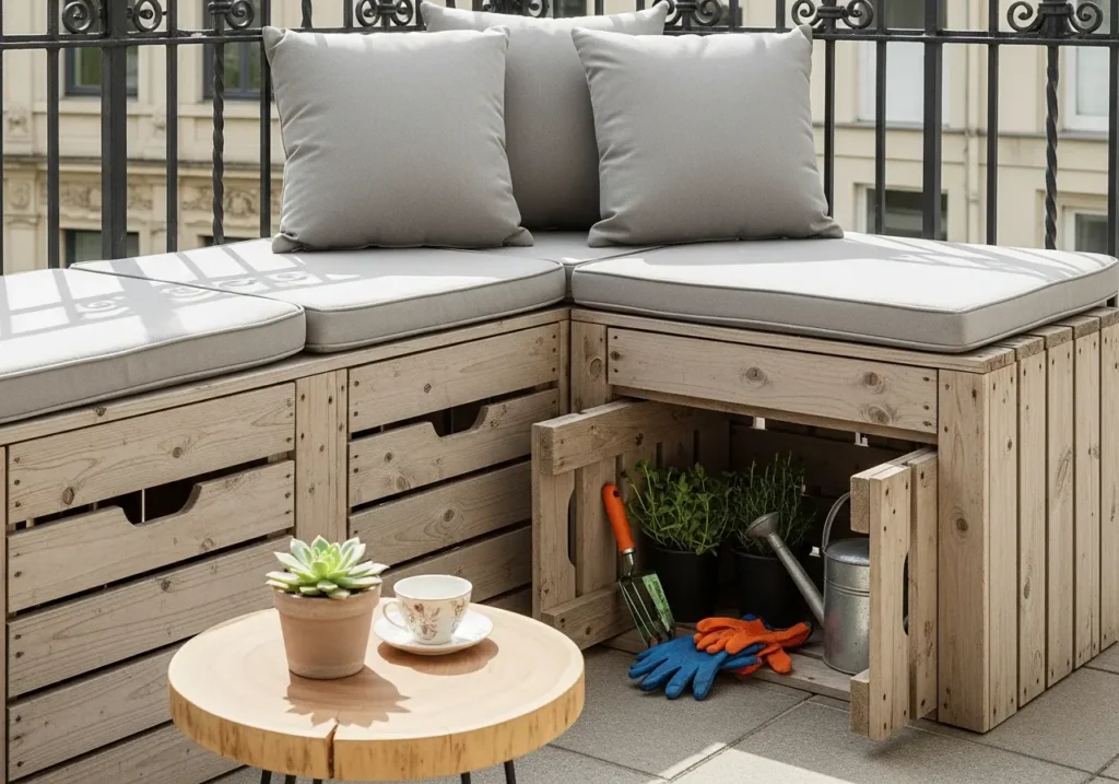 A small balcony corner featuring an L-shaped built-in bench made from wooden crates with weatherproof 