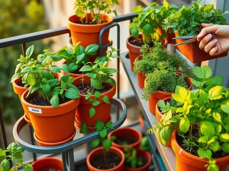 A thriving edible balcony garden featuring multiple terra cotta pots with labeled herbs including basil, mint.