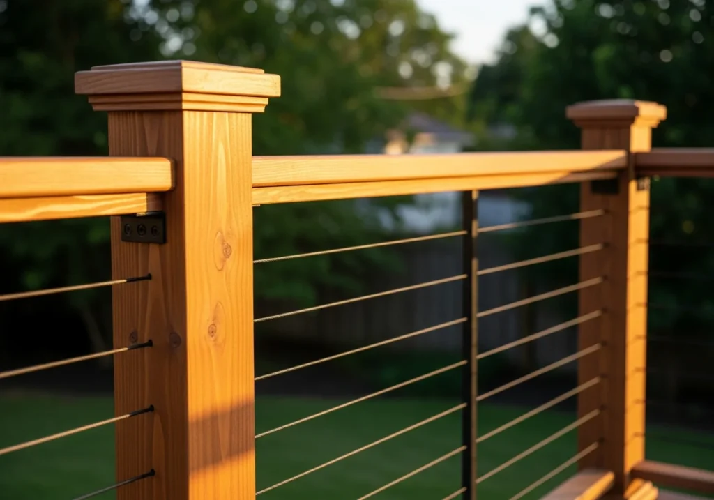 Beautiful deck railing system featuring combination of freshly stained wood posts