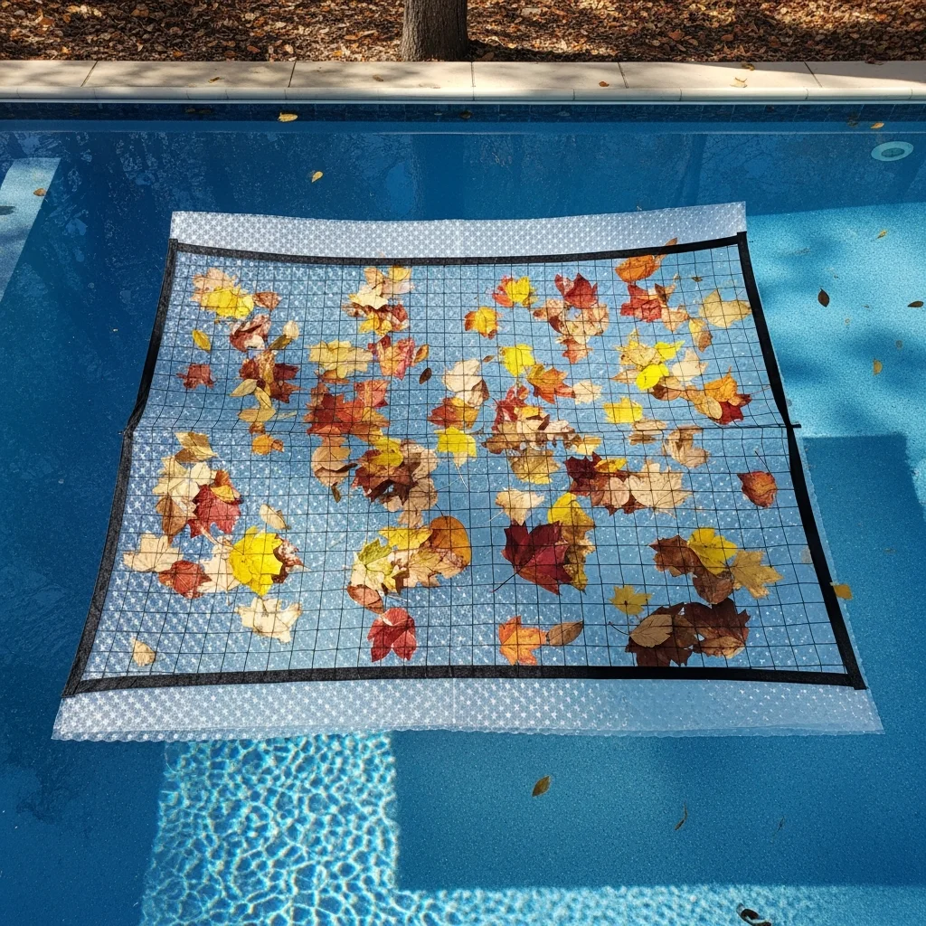 Two-layer pool cover system with mesh leaf net over bubble wrap solar cover.