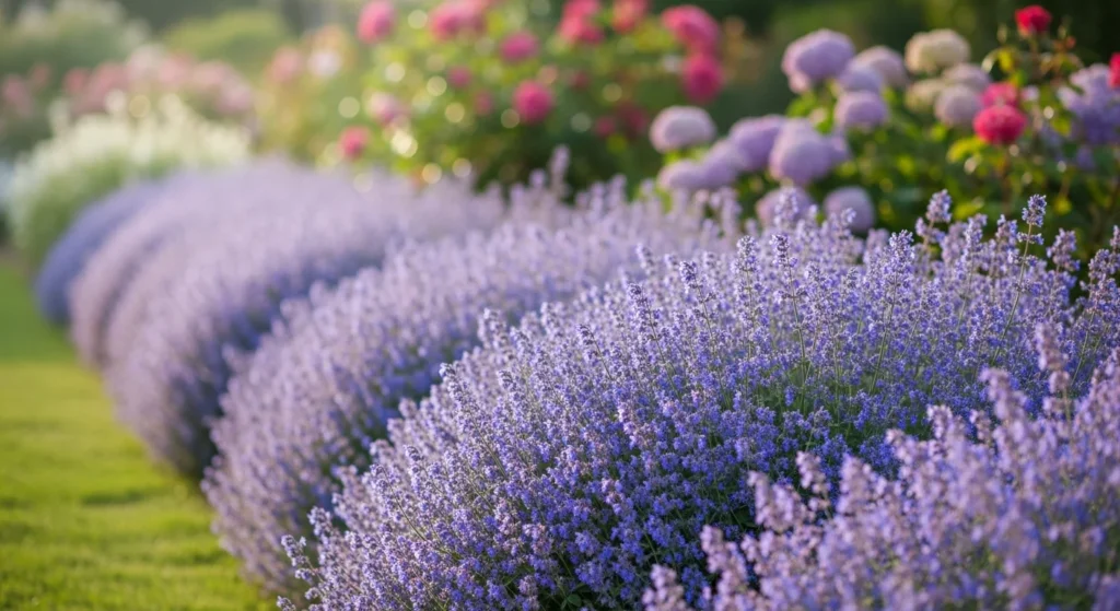 Billowing clouds of blue purple catmint flowers creating soft hazy drifts along cottage garden border with mounding habit