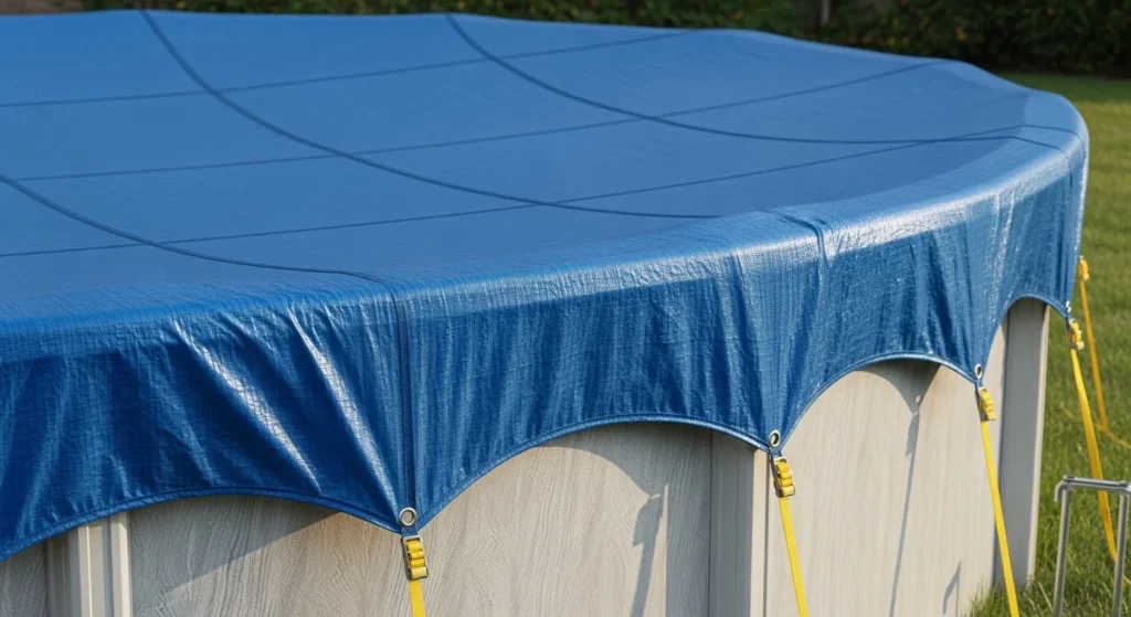  Heavy duty polyethylene tarp covering an above ground pool with bungee cord and stake system.